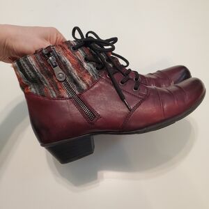 Remonte 37 Boots Lace Up Moto Short Booties Burgundy Red Boho Stripes Warm Boot